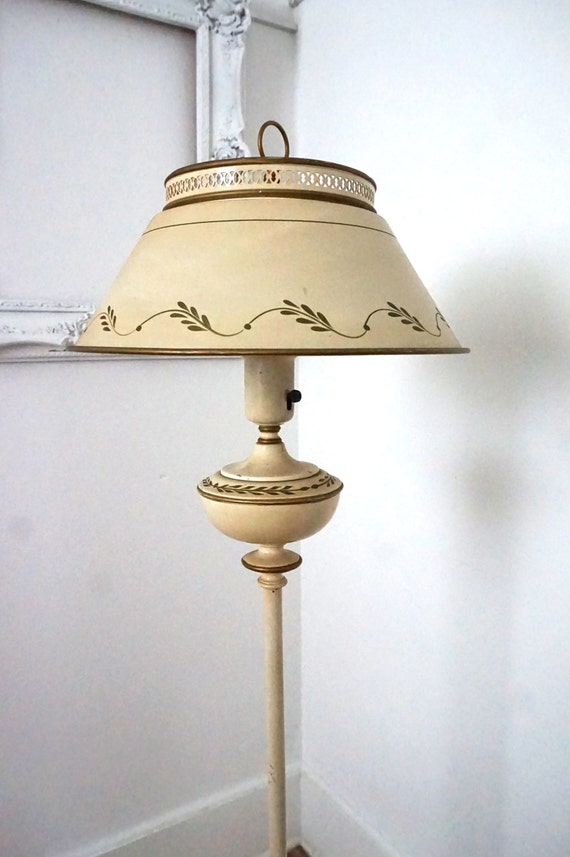 Vintage Ivory Tole Painted Floor Lamp with Metal Shade