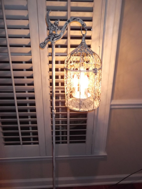 Chandelier floor Lamp ,vintage birdcage chandelier light shabby chic chandelier, chippy , french farmhouse
