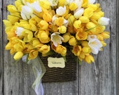 Yellow Tulip, White Tulip Welcome Basket, Spring, Summer Tulip Front Door Basket, Wreath Alternative Yellow Tulip, White Tulip Welcome Basket, Spring, Summer Tulip Front Door Basket, Wreath Alternative