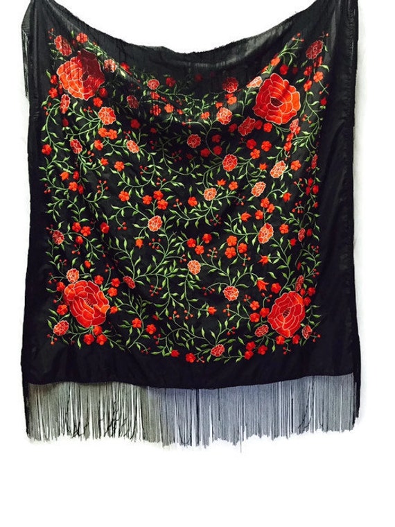 Vintage Spanish Embroidered Scarf Wrap Bohemian Home Decor