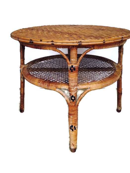 Vintage Rattan Table 1960s Woven Au Natural 2 Tiered Side Table Tall 20