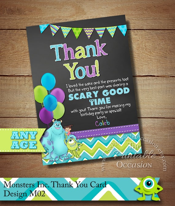 Monster Inc Thank You Card Monster Inc by ThePrintableOccasion