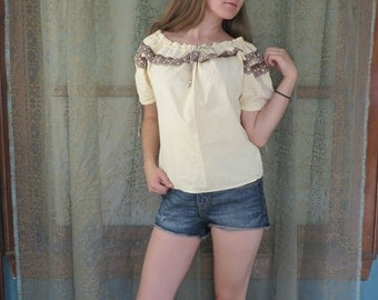 1960s Cream Off the Shoulder Peasant Blouse Eyelet Ruffle Beach Hippie Boho 60s Beige Top Peasant Shirt Adjustable 60s Cotton Top