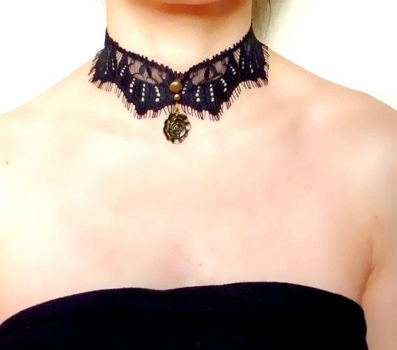 Items Similar To SALE Black Lace Choker Necklace Bronze Rose Pen