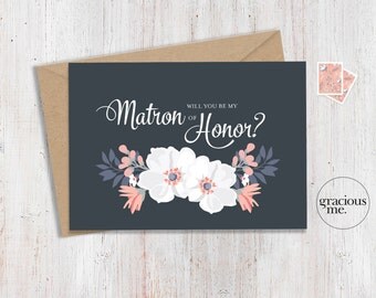 Matron of Honor Card 'Will You Be My Matron of Honor' - Wedding Card, Floral Card - Blue & Pink