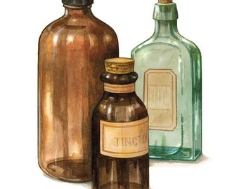 Pharmacy Gift, Apothecary Tools, Old Glass Bottles Print, Gift for Pharmacist, Vintage Bottle Art, Home Decor Print, 6 x 8 or 8 x 10