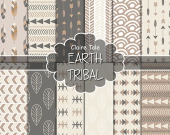 Tribal digital paper: "EARTH TRIBAL" with tribal patterns and tribal backgrounds, arrows, feathers, leaves, chevrons in brown earth colours