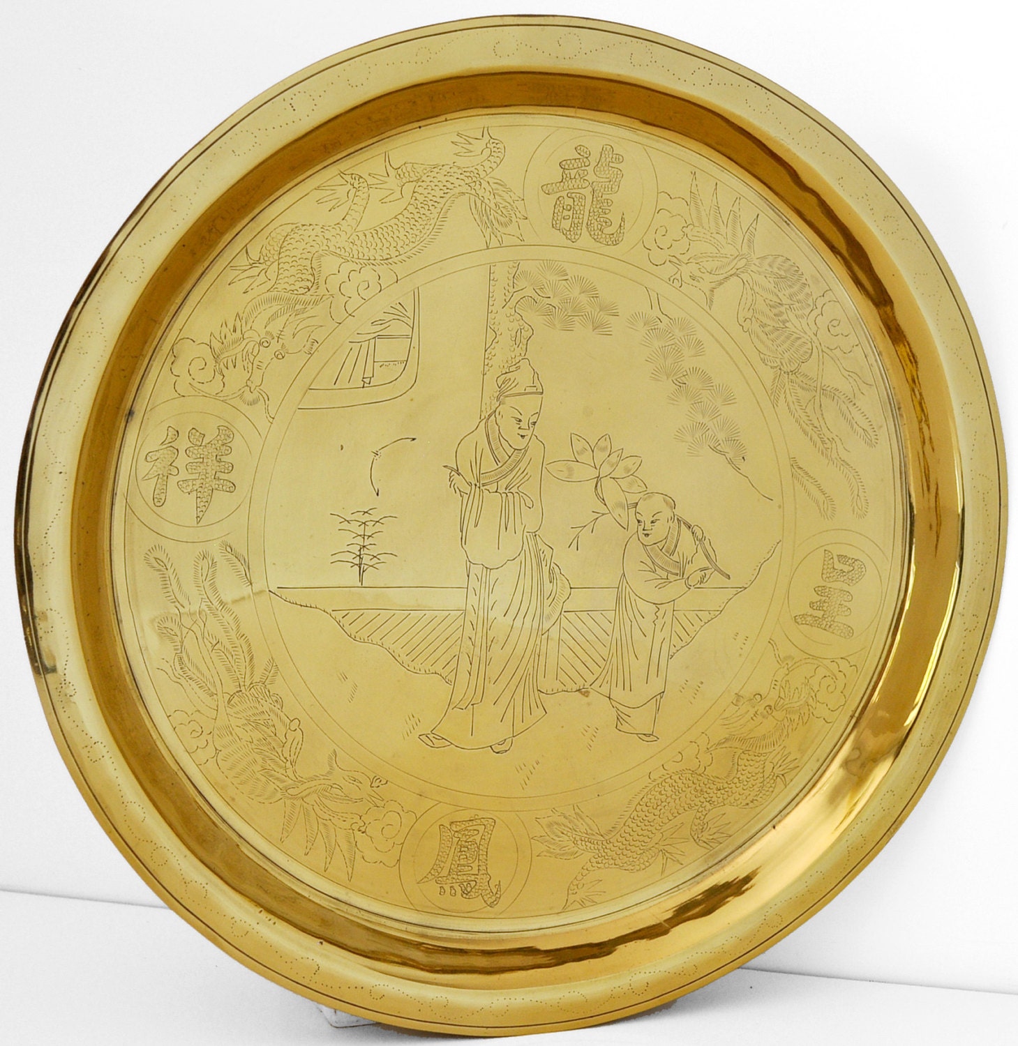Large Vintage Round Brass Engraved Tray