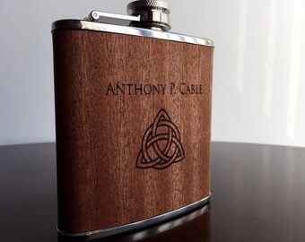 Engraved 6oz Stainless Steel Hip Flask Wrapped In Real Wood Personalized Custom Groomsman Best Man Wedding Gift