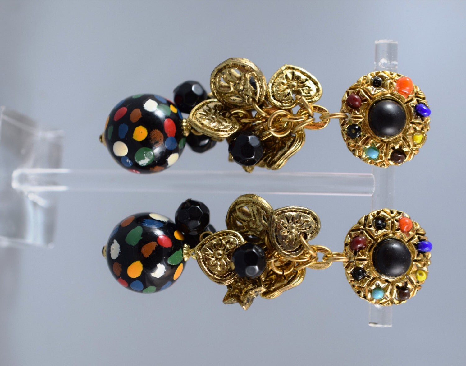 Vintage Long Dangle Clipon Earrings Gold tone metal Charms