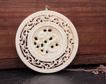 Chinese Dragon Pendant, Chinese Carved Bone, Chinese Carved Dragon, Year of Dragon, Carved Bone Pendant, Vintage Chinese Necklace Dragon