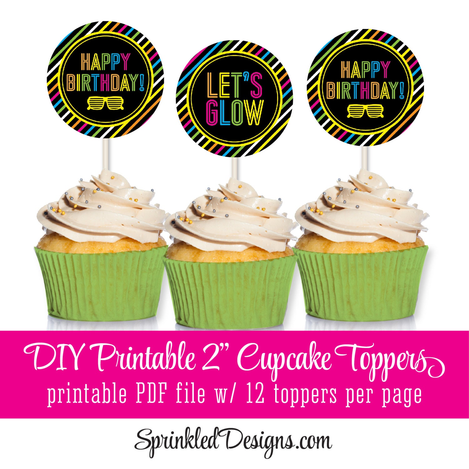 Printable Cupcake Toppers Cake Circles Party Stickers Neon