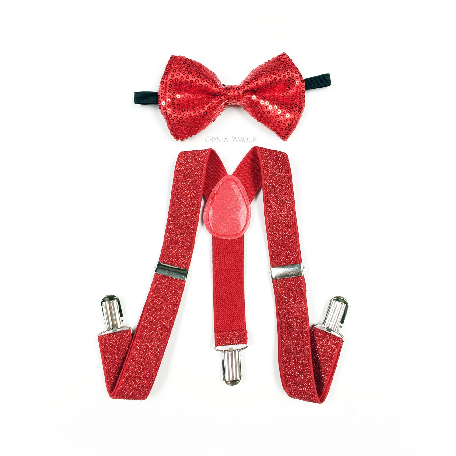kid's red sequin bow tie and glitter suspenders red
