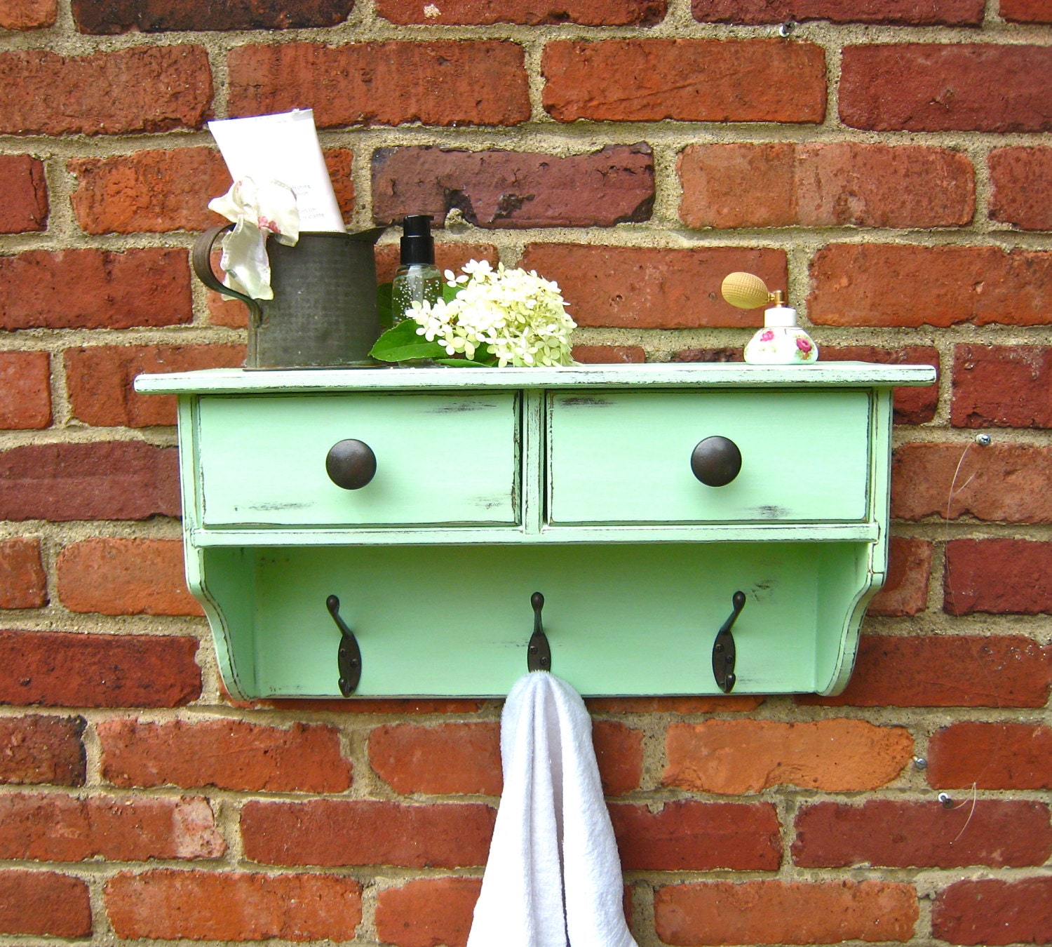 Wood wall shelves Distressed Mint Green Two drawer shelf