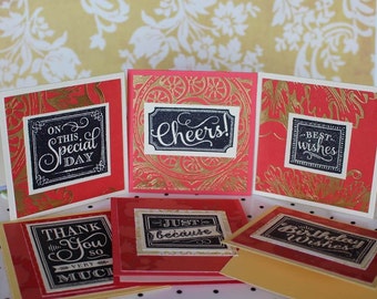 On Sale Gold Foiled Gift Enclosure cards with envelopes Stamped Assorted mini note cards Paper handmade cards, 3 x 3 favor cards Set of 6