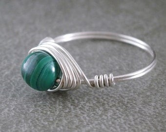 Pure Titanium Ring Real Malachite Ring Wire Wrapped Jewelry Handmade Malachite Jewelry Hypoallergenic Ring Beaded Wire Ring Green and Black