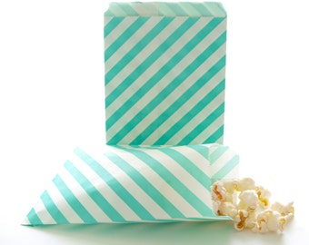 Striped Goodie Bags, Birthday Giveaways, Welcome Wedding Bags, Striped Popcorn Bags, 25 Pack - Teal Green Stripe Paper Bags