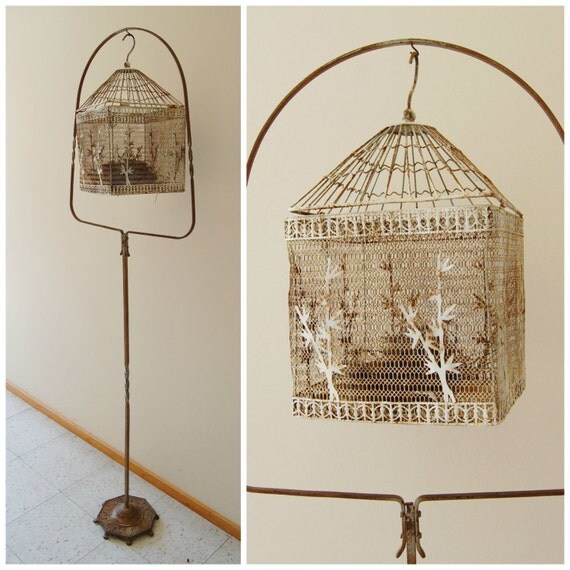 Bird Cage and Stand Vintage Metal Wire Chippy White Tall