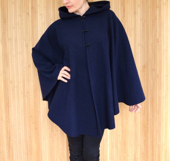 Boiled Wool Hooded Cape in Navy Blue / Hooded by DeliCatStudio