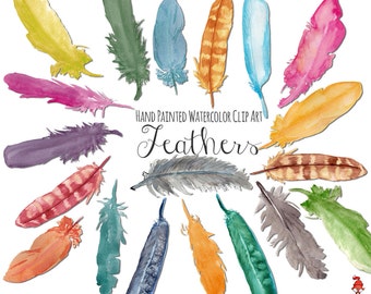 FEATHERS clipart, hand painted watercolor images of feathers in pretty colors, 20 clipart 300 dpi PNG files (5076)