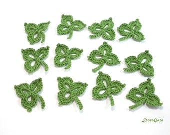 Leaf Clover applique, Crochet applique, Crochet Leaves Applique, Handmade craft supply, embellishments, green applique shamrocks /set of 6/