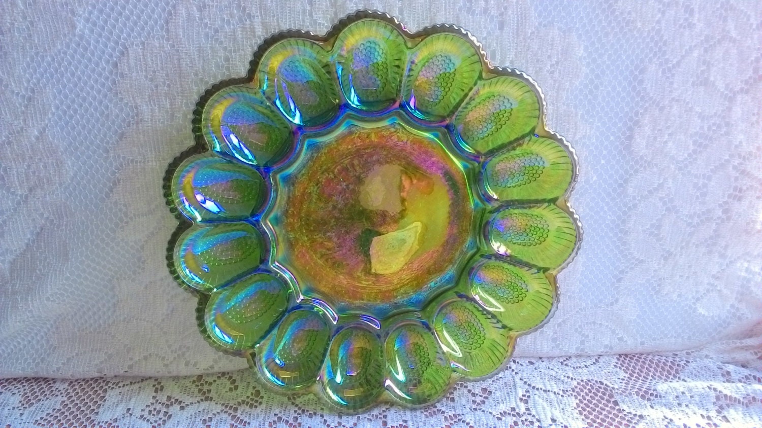 Green Blue Carnival Glass Deviled Egg Oyster Plate Platter