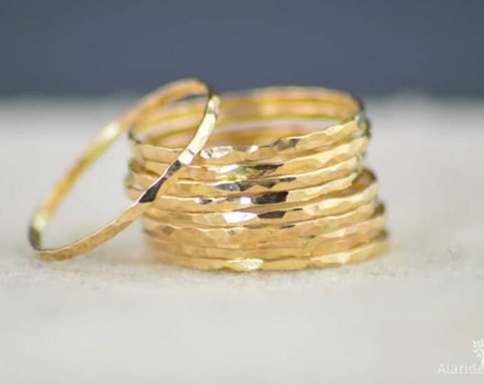 Set of 10 Super Thin 14k Gold Stackable Rings, 14k Gold Filled, Stacking Rings, Simple Gold Ring, Hammered Gold Rings, Dainty Gold Ring
