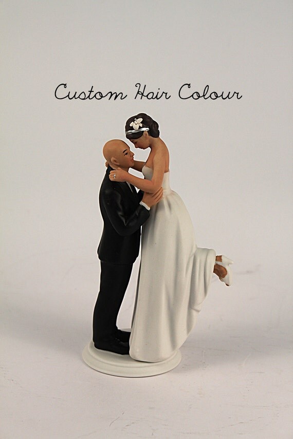 Medium Skin Tone Bride and Groom Wedding Cake Topper Bald