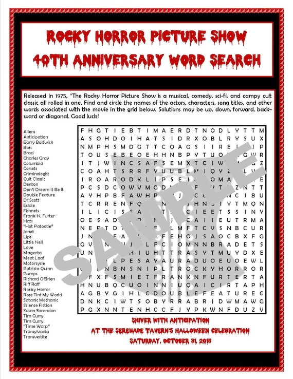 rocky horror 40th anniversary word search by