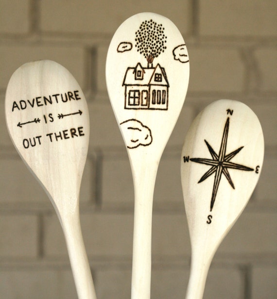 Adventure is Out There - Set of three woodburned spoons - Up the Movie, Pixars Up, wooden spoon gift, compass, graduation gift, kitchen gift