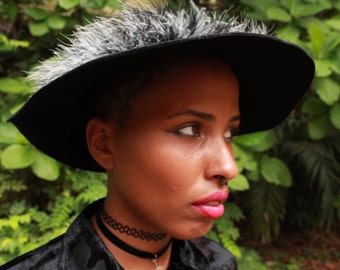 90's Rabbit Fur Black Wide Brim Hat