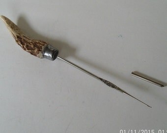 Deer Antler Handle Crochet Needle Hook with Cap Boye No.11 Curvy Nubby Brow Tine inv240