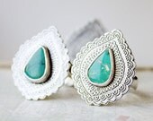 Turquoise ring, sterling silver indian design, Kingman etched silver blue green paisley