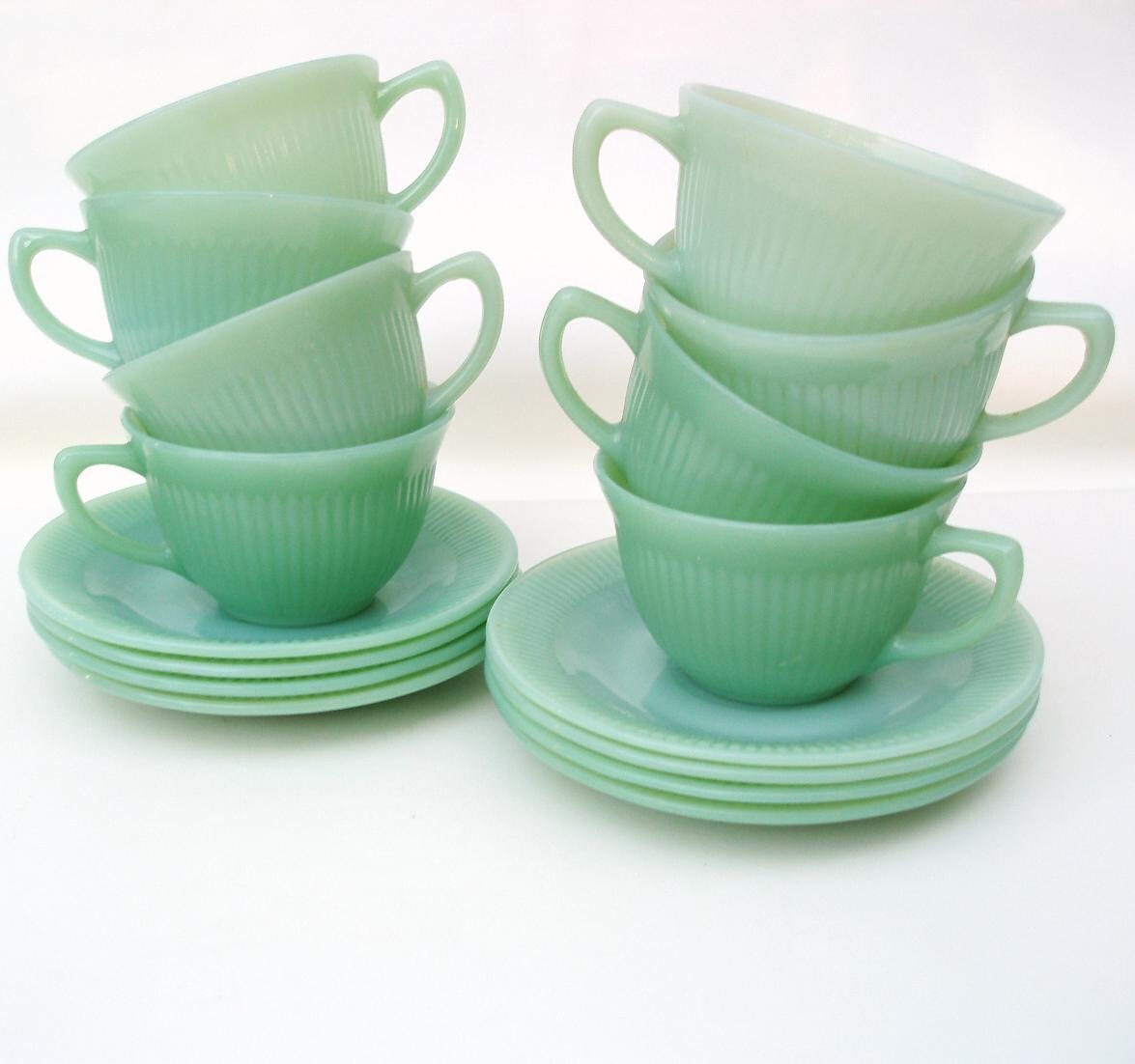 Vintage Jadeite Jane Ray Cup and Saucer Set of 8 Jadite Coffee