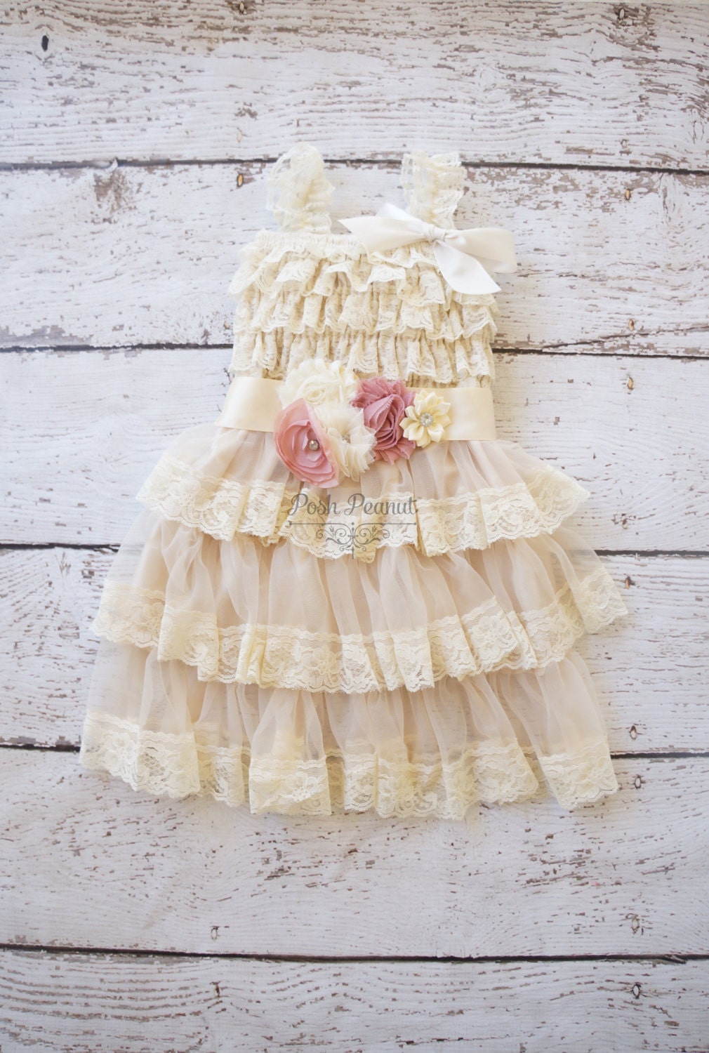 Lace Baby Dress Ivory Baby Dress blush flower by PoshPeanutKids