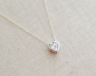 Diamond Heart Necklace, CZ diamond Necklace, Sterling Silver Chain, Bridesmaids Necklace, Birthday Gift, Mothers Day Gift, Bridesmaid gift