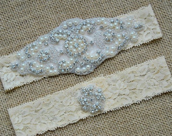Garter Set Crystal, Wedding Garter Set Ivory, Bridal Garter Set, Vintage Wedding, Lace Garter, Crystal Rhinestone Garter and Toss Garter Set