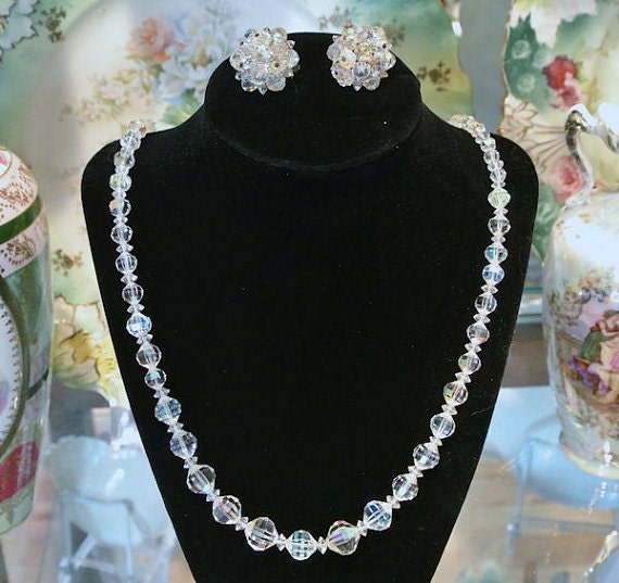 Vintage Crystal Necklace Earrings Matching Set Mid Century Hollywood Demi Parure Jewelry Set Clip On Earrings Wedding Bride Bridal