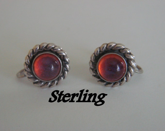 Sterling Screw Back Earrings / Pink Translucent Cabochons / 1940s / 5.3 Grams / Vintage Jewelry / Jewellery