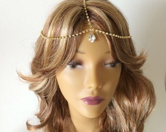 Gold rhinestone headchain, crystal drop, rhinestone head chain, gold head chain, bridal head chain, hair jewelry, hair chain gold adjustable