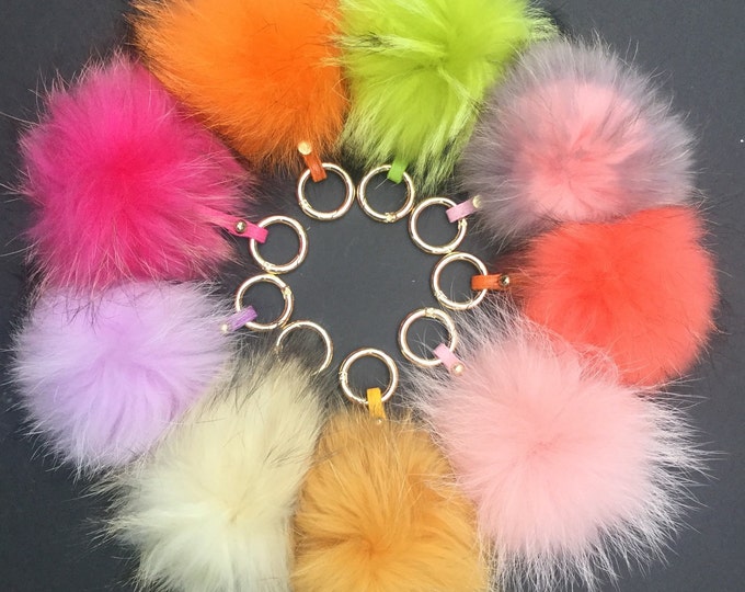 Pom-pom bag charm, fur pom pon keychain purse pendant in hot pink