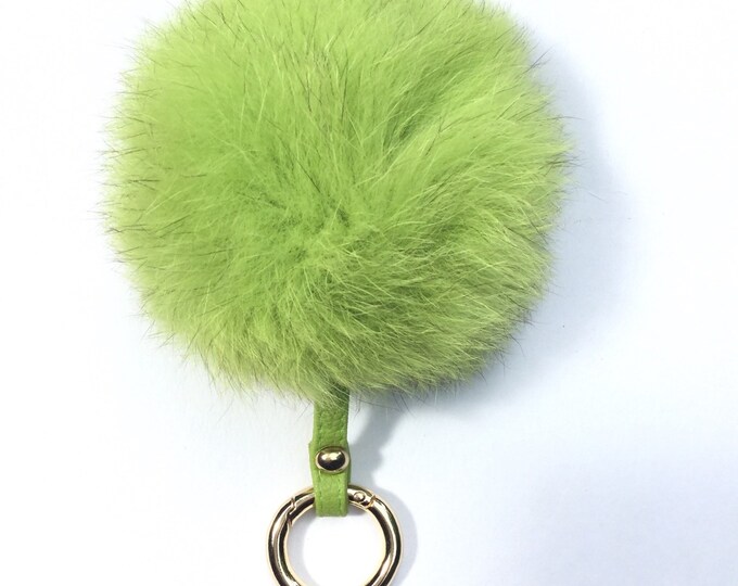 Fur bag charm, fur pom pom keychain, fur ballkeyring purse pendant in neon green