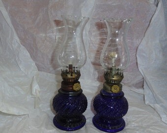 Mid Century Miniature Vintage COBALT BLUE Glass Brass Swirl Hobnail Dots Oil Lamps & Chimneys