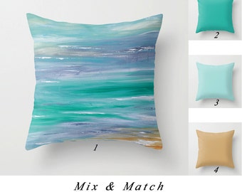 Turquoise Pillow Cover, Beach Pillows, Lumbar Pillow, Rectangular Pillow, Aqua Blue Gray Solid Pillows Cushions, Accent Pillow, Art Pillow