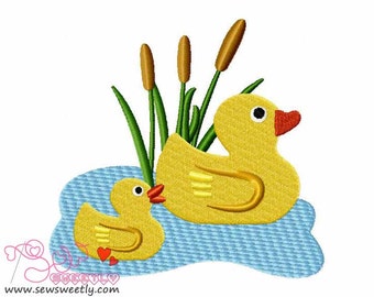 Duck Mom And Baby Embroidery Design.