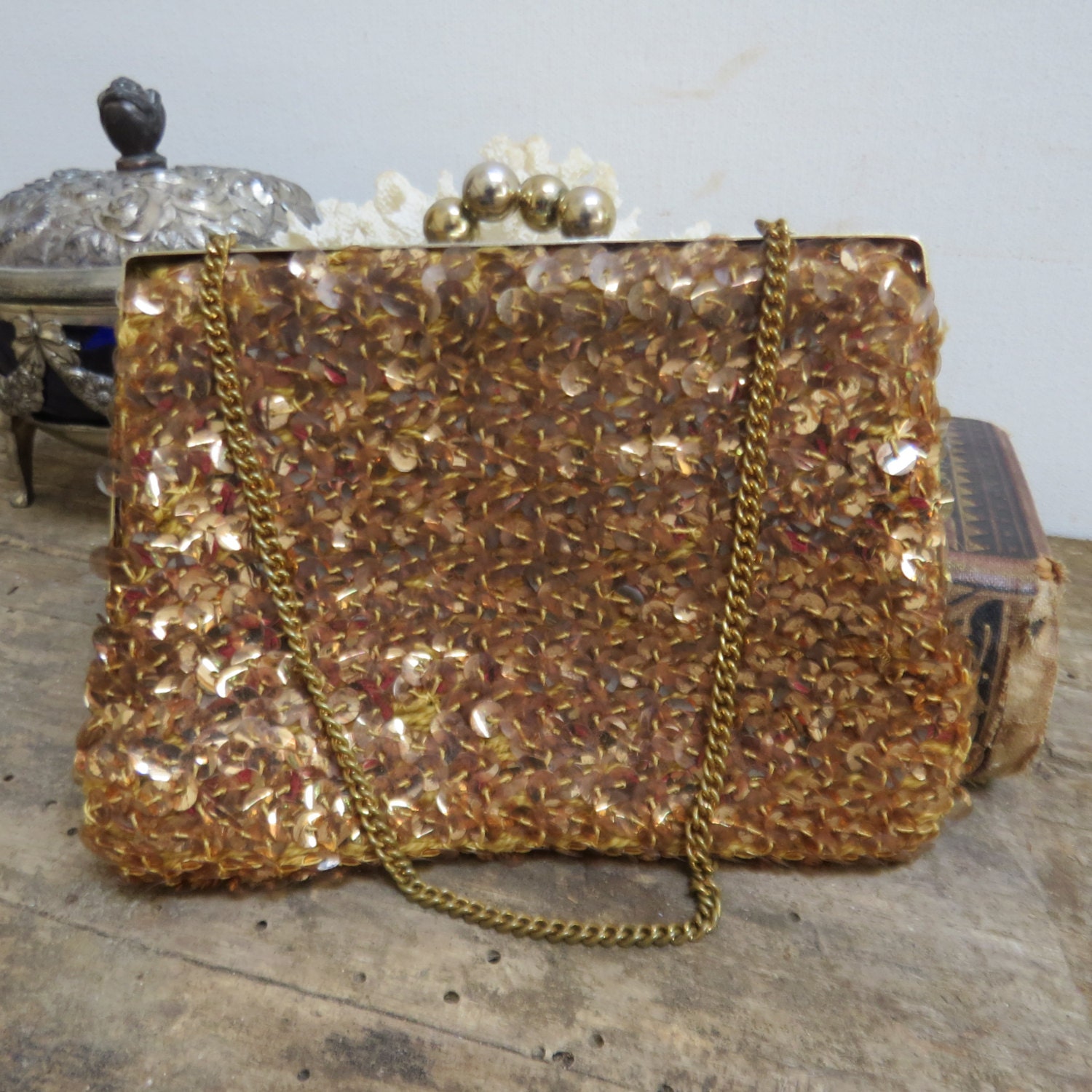 Vintage Gold Sequin Evening Purse Silk Lining Gold Tone Chain