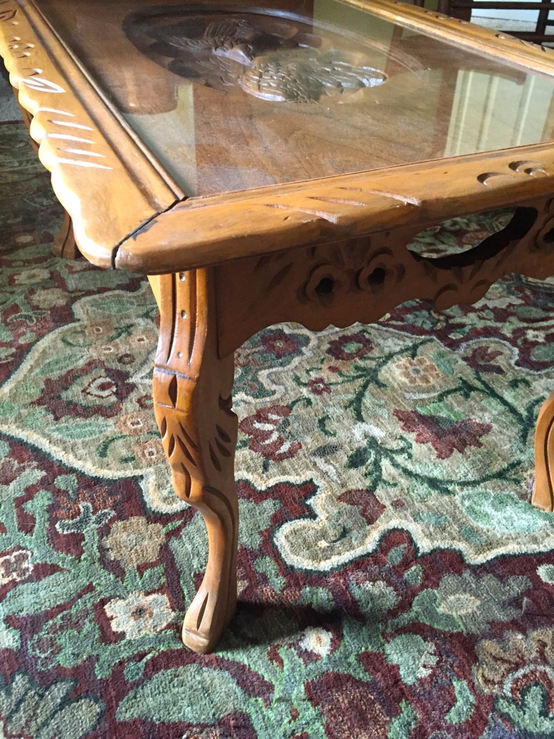 Antique Hand-Carved Wood Coffee Table with Removable Glass