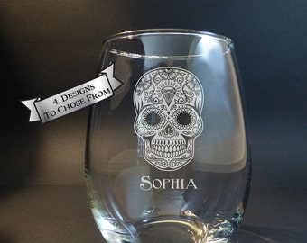 Sugar Skull Engraved Wine Glass, Champagne Flute, Day of the Dead, El Dia de Los Muertos,4 Designs Available, Personalized Gift