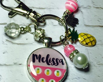 Pineapple personalised keyring, Pineapple personalised keychain, personalised name keyring, pink pineapple keyring