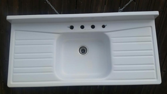 enamel cast iron farmhouse sink kitchen sink with drainboard each side vintage retro - Enamel Kitchen Sink enamel cast iron farmhouse sink kitchen sink with drainboard each side vintage retro - Enamel Kitchen Sink